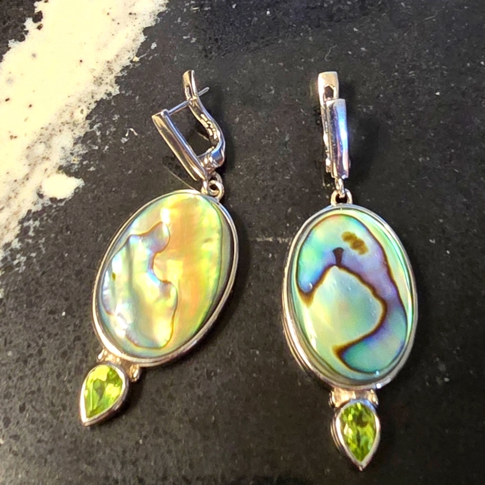 Elegant Sterling Silver, Abalone and Peridot Earrings